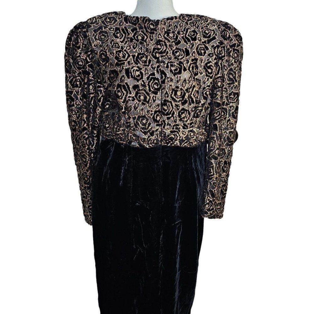 Vintage 80s Blouson Velvet Dress Womens Size M Black Gold Roses Party Elegant
